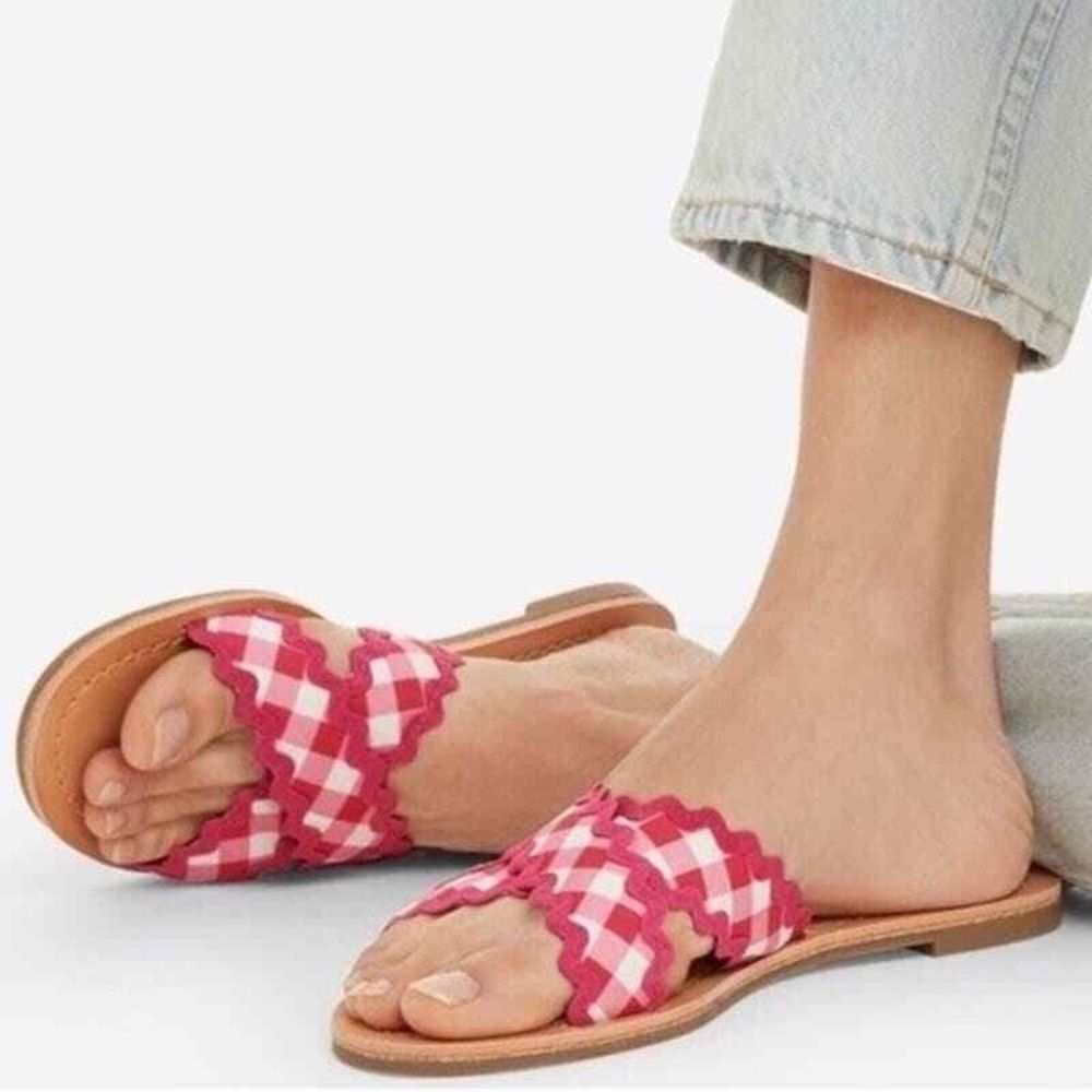 Draper James Slide Sandals 8 Gingham Criss Cross Picnic Vacation Chic Pink Piper